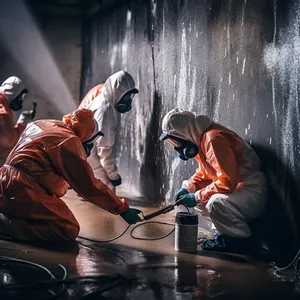 Ihr Partner für Gebäudesanierung und Kellerabdichtung A professional team of workers applying waterproofing material to a basement wall, photo
