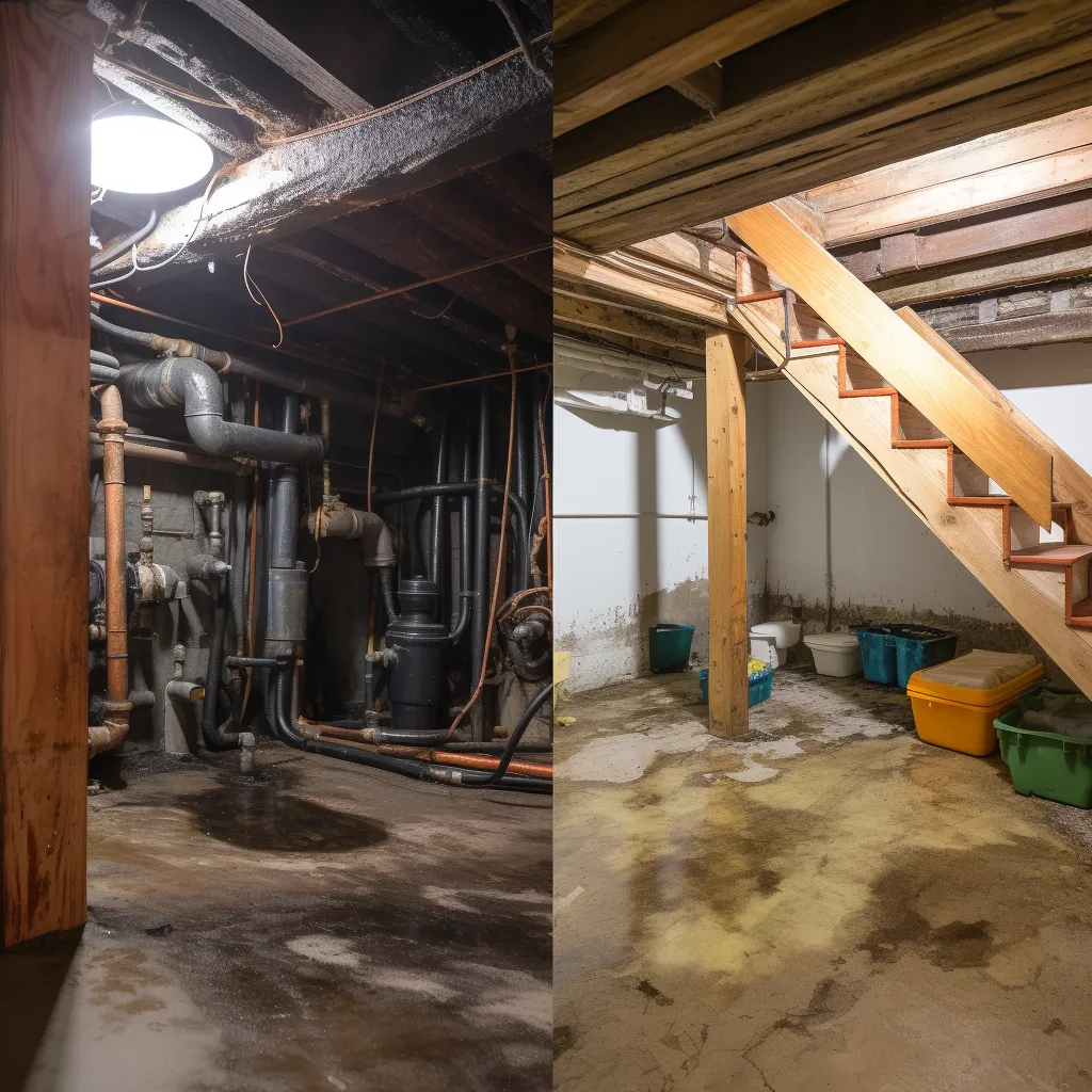 A before and after comparison of a damp, moldy basement and a dry, clean basement, photo