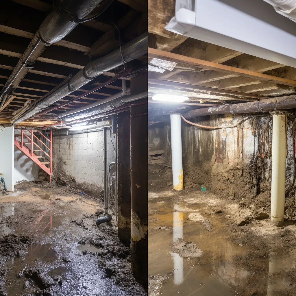 A before and after comparison of a damp, moldy basement and a dry, clean basement, photo