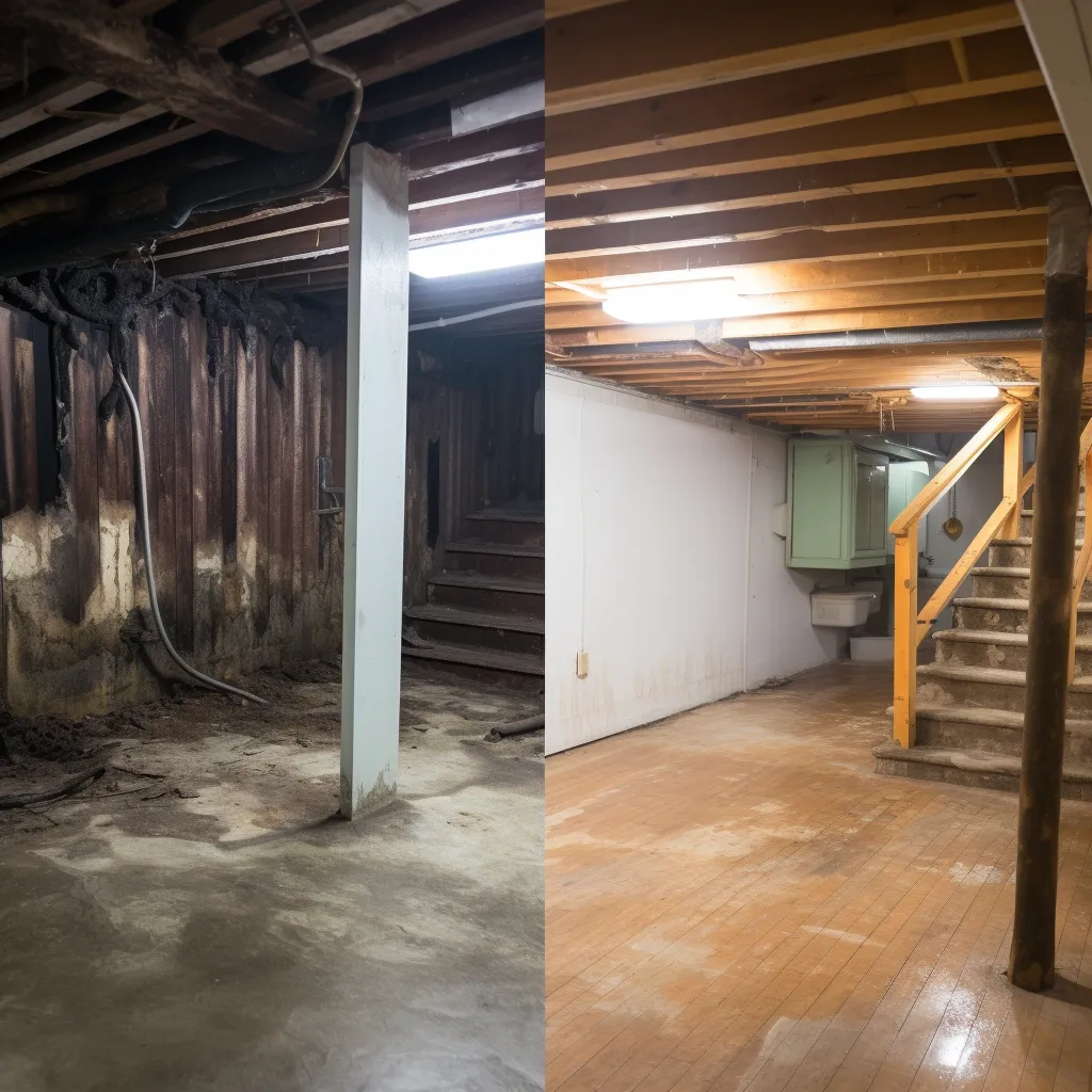 A before and after comparison of a damp, moldy basement and a dry, clean basement, photo