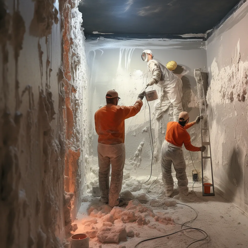 A professional team of workers applying waterproofing material to a basement wall, photo